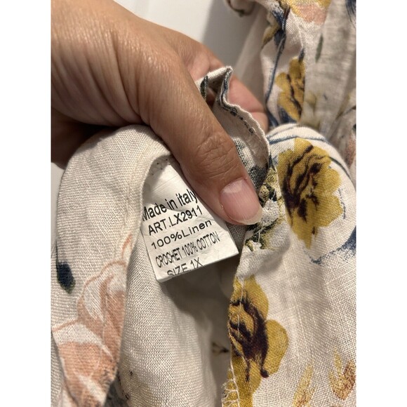 Lungo Larno Made in Italy Tan Floral Linen Cotton Cap Sleeve Top Shirt Size 1X - Picture 4 of 4